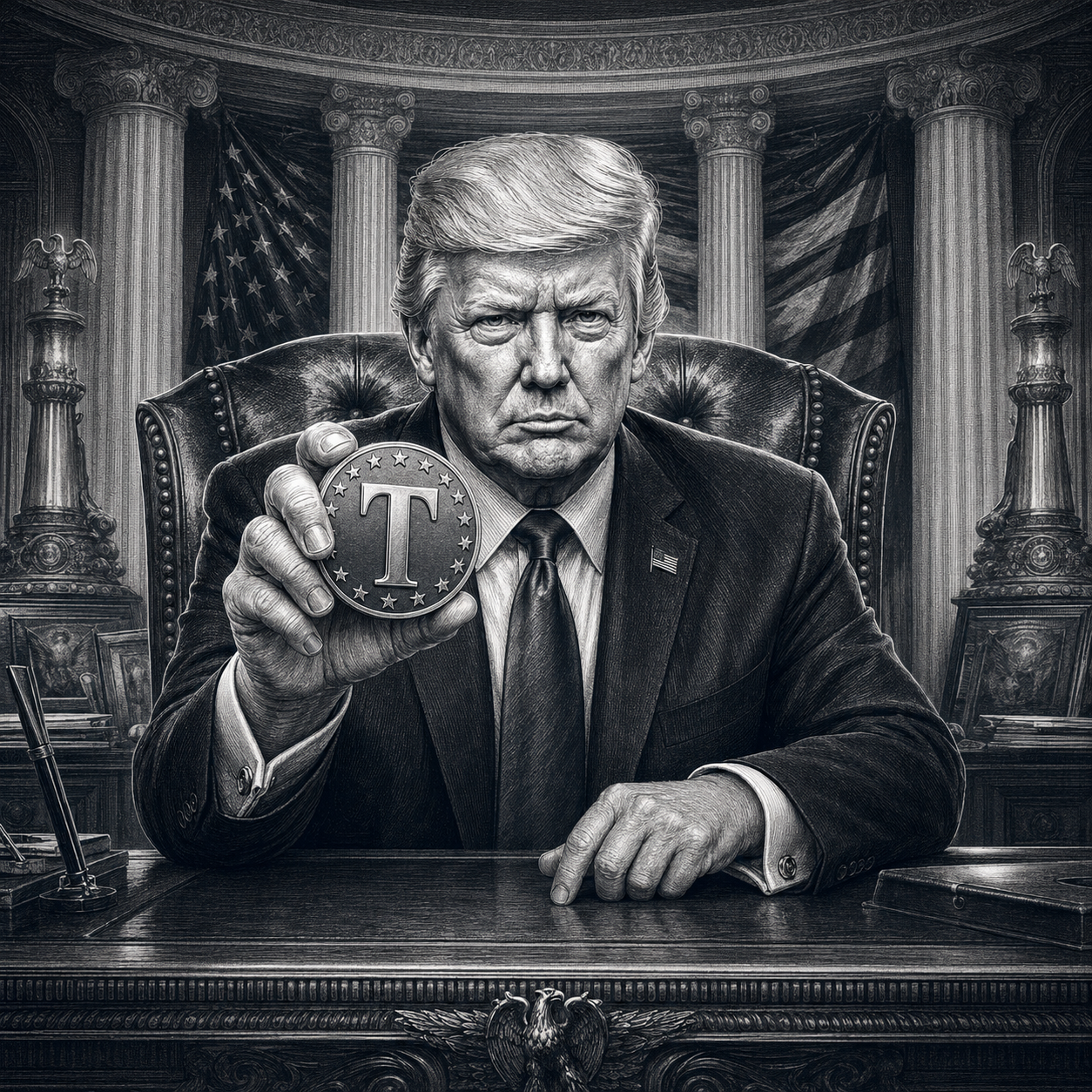 TRUMPCOIN about illustration — Trump seated holding a T-coin in the Oval Office
