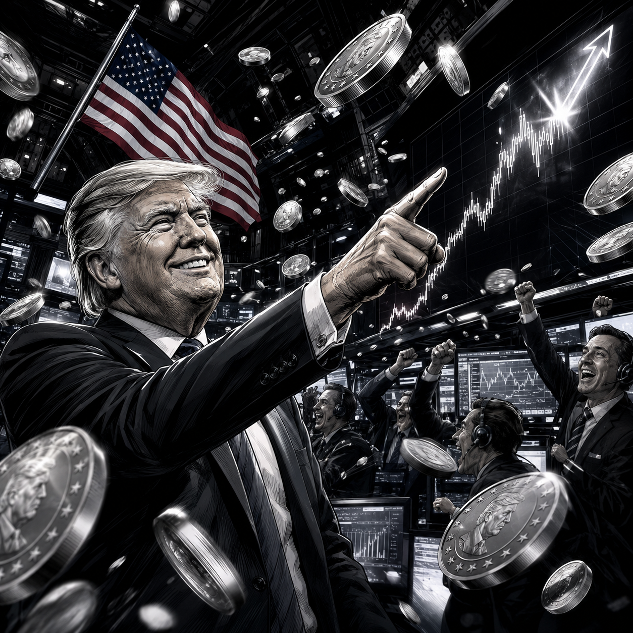 TRUMPCOIN hero illustration — Trump pointing at a soaring chart on the trading floor