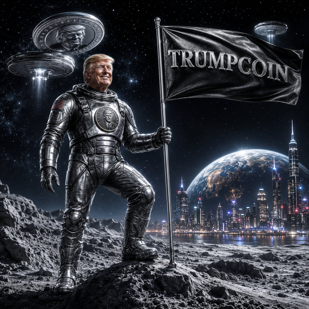 TRUMPCOIN how-to-buy illustration — Trump planting the TRUMPCOIN flag on the moon